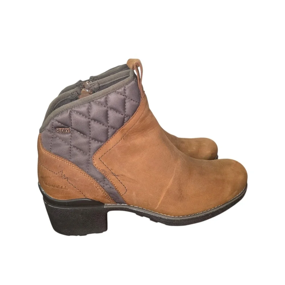 Merrell J45546 Womens 10 Waterproof Leather Ankle Boots Brown Block Heel